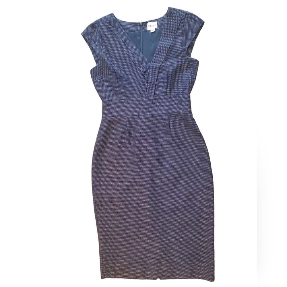 Reiss Navy Blue Micro-Spot V-Neck Midi Dress